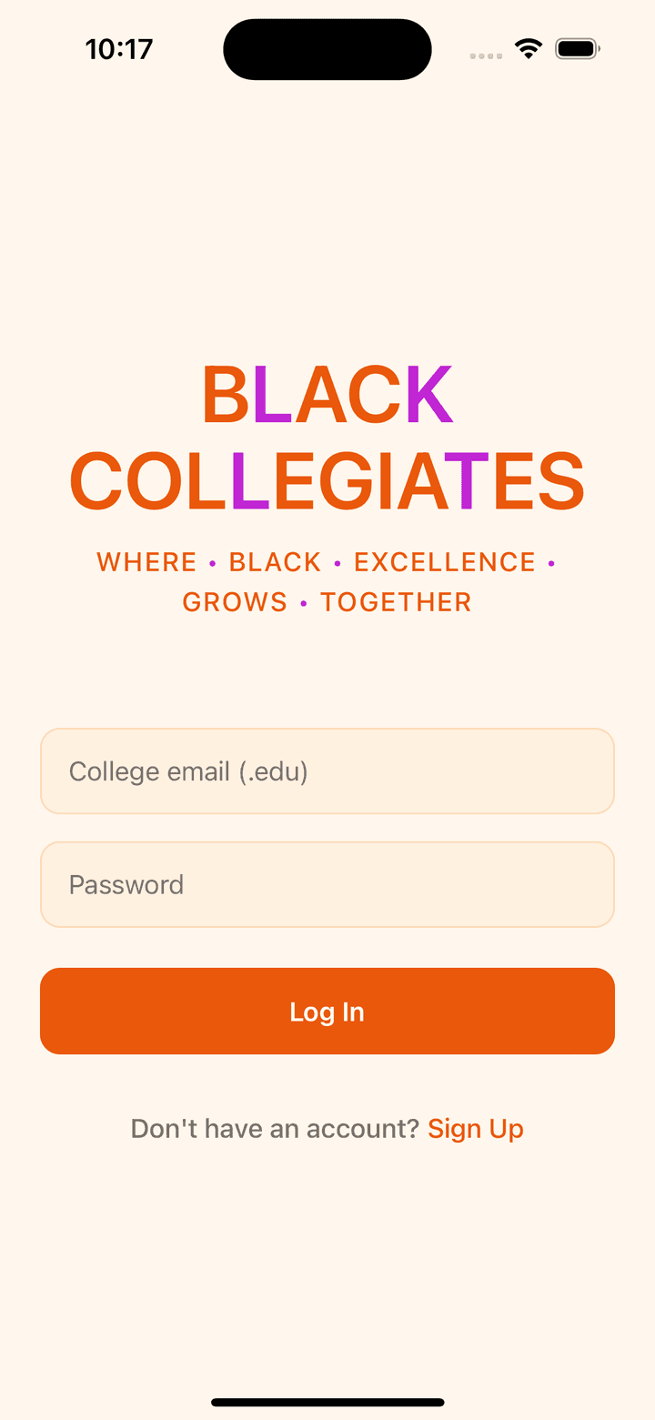 Black Collegiates app login screen